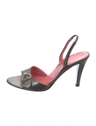 Pre-owned Ferragamo Leather Crystal Embellishments Slingback Sandals In Gray