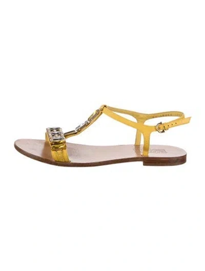 Pre-owned Ferragamo Leather Crystal Embellishments T-strap Sandals In Black