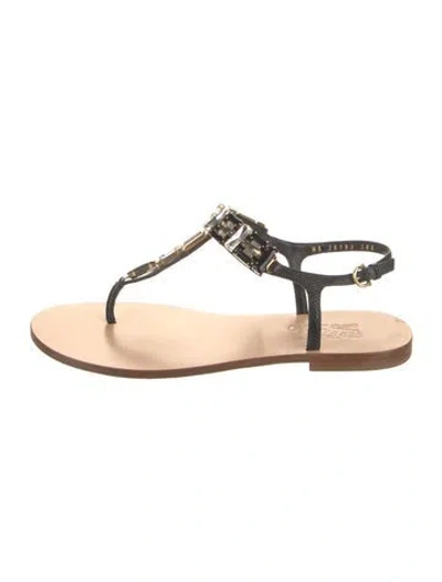 Pre-owned Ferragamo Leather Crystal Embellishments T-strap Sandals In Blue