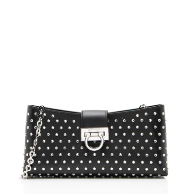 Ferragamo Leather Crystal Trifolio Chain Shoulder Bag In Black