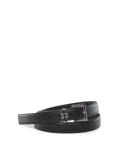 Ferragamo Leather Double Gancini Belt In Black