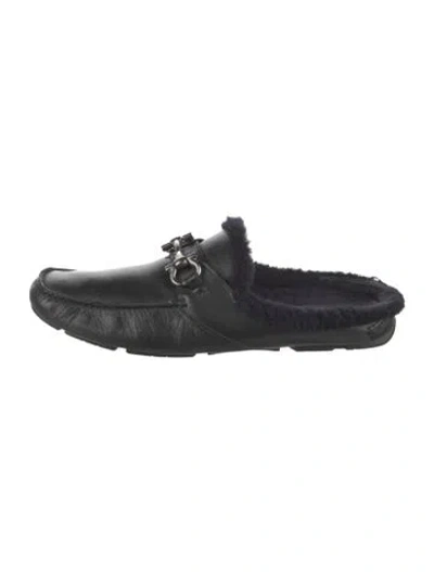 Pre-owned Ferragamo Leather Faux Fur Trim Slippers In Black