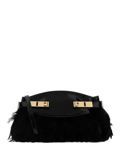 Ferragamo Leather Feather Clutch In Black