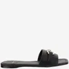 Ferragamo Leather Slides With Flat Sole And Gold-tone Hardware In Black