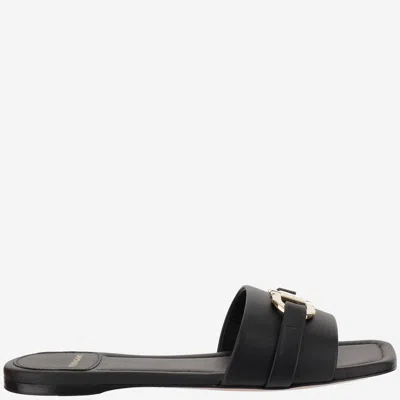 FERRAGAMO LEATHER FLAT SANDALS WITH LOGO