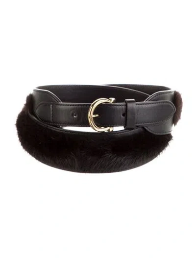 Pre-owned Ferragamo Leather Fur Trim Belt In Black