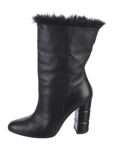 Pre-owned Ferragamo Leather Fur Trim Boots In Black