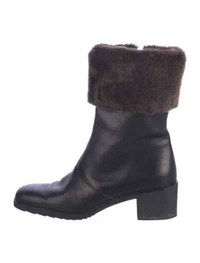 Pre-owned Ferragamo Leather Fur Trim Boots In Black/brown