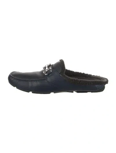 Pre-owned Ferragamo Leather Fur Trim Loafers In Blue