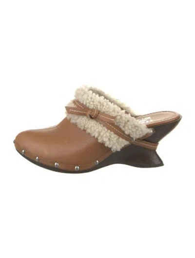 Pre-owned Ferragamo Leather Fur Trim Mules In Brown