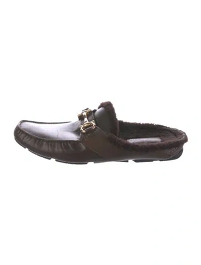 Pre-owned Ferragamo Leather Fur Trim Slippers In Brown