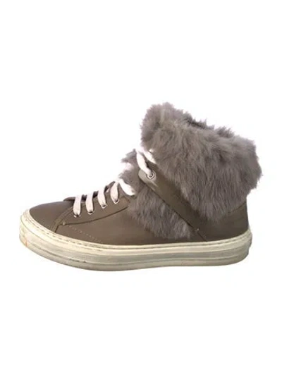 Pre-owned Ferragamo Leather Fur Trim Wedge Sneakers In Gray