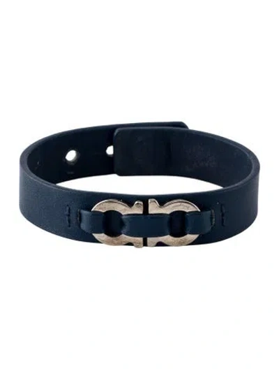 Pre-owned Ferragamo Leather Gancini Bangle Bracelet In Blue