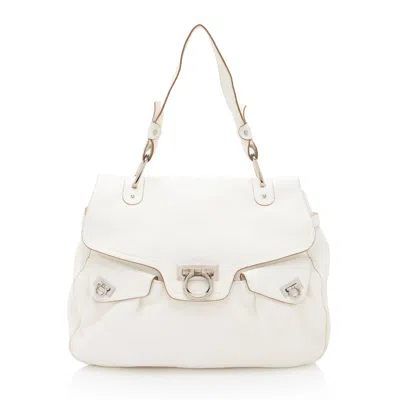 Ferragamo Leather Gancini Double Pocket Shoulder Bag In White
