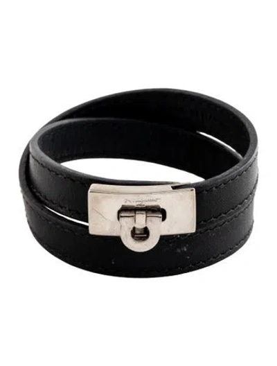 Pre-owned Ferragamo Leather Gancini Double Twist Wrap Bracelet In Black
