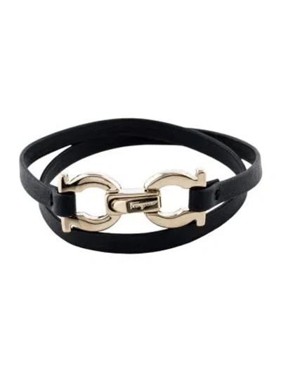 Pre-owned Ferragamo Leather Gancini Double Wrap Bracelet In Black