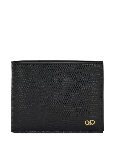 Ferragamo Gancini Hammered Leather Wallet In Black