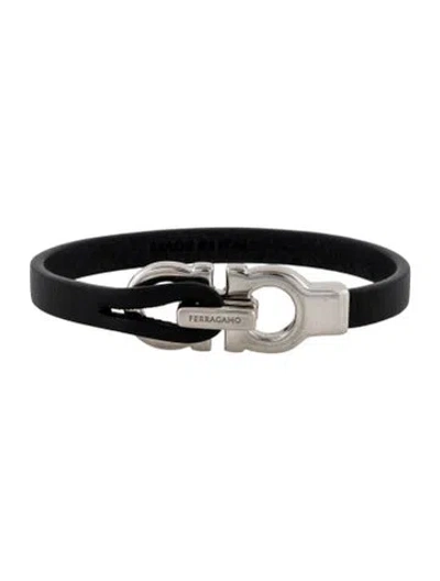 Pre-owned Ferragamo Leather Gancini Wrap Bracelet, 7.5" In Black