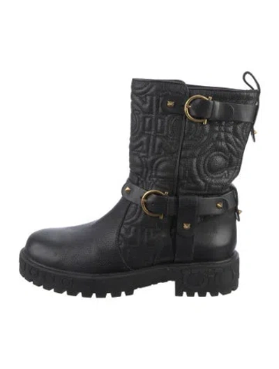 Pre-owned Ferragamo Leather Graphic Print Moto Boots In Black