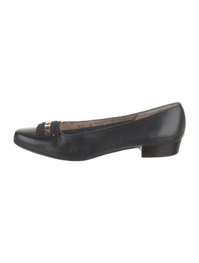 Pre-owned Ferragamo Leather Grosgrain Trim Flats In Black