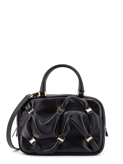 Ferragamo Leather Handbag With Draped Details Secured By Mini Vara Bows In Black
