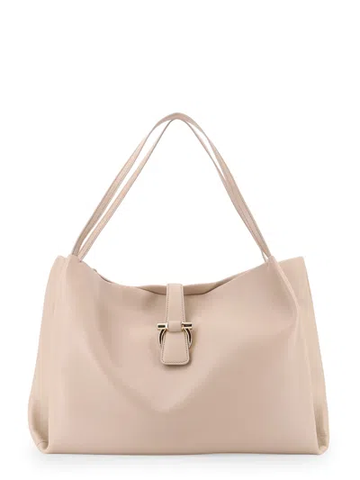 Ferragamo Leather Handbag With Metal Gancini Detail In Beige