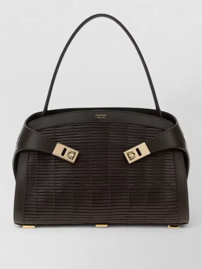 Ferragamo Leather Hug Tote Bag Metal Hardware Top Handle In Brown