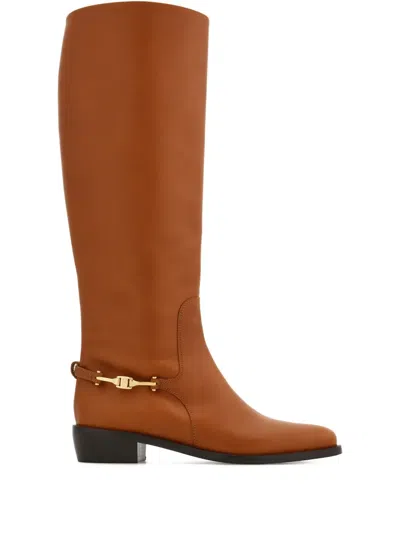 Ferragamo Leather Knee Boots In Brown