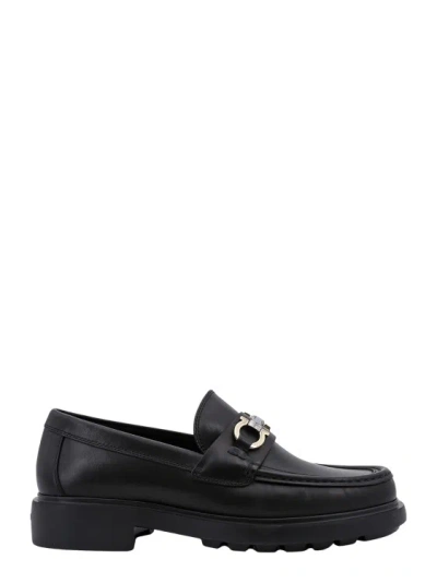 Ferragamo Leather Loafer With Gancini Metal Detail In Black