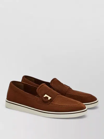 Ferragamo Leather Loafers Round Toe Rubber Sole In Brown