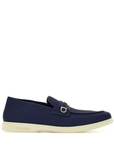 Ferragamo Leather Loafers With Gancini Ornament In Blue