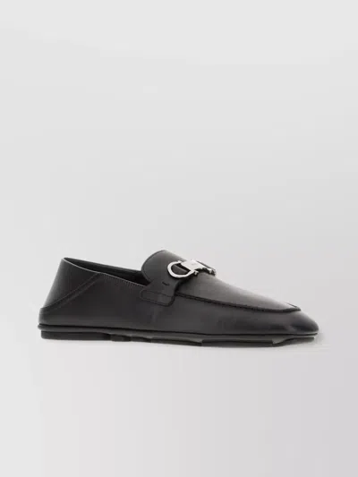 Ferragamo Leather Loafers With Metal Buckle Detail In Black