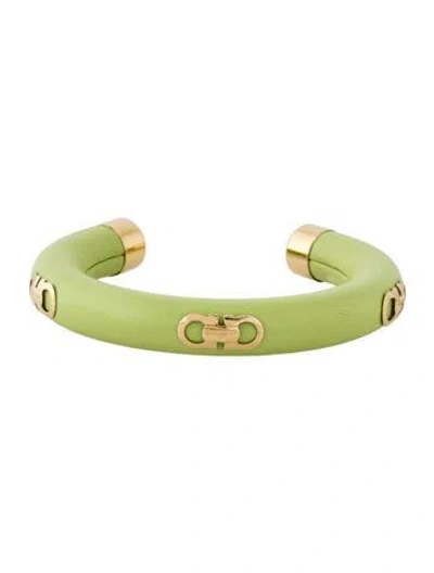 Pre-owned Ferragamo Leather Logo Cuff Bracelet, 6.5" In Green