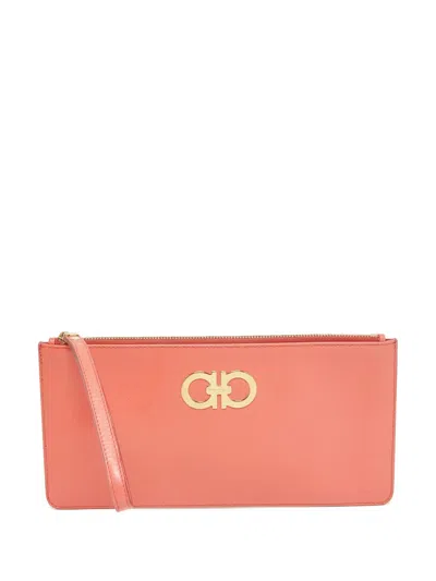 Pre-owned Ferragamo Leather Logo-plaque Clutch Bag In Orange