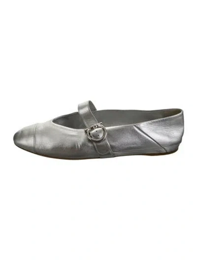 Pre-owned Ferragamo Leather Mary Jane Flats In Metallic/silver