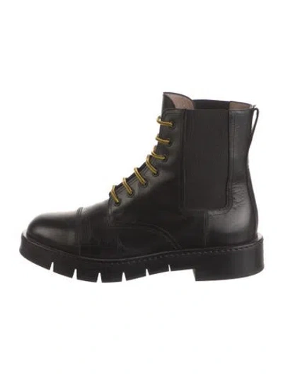 Pre-owned Ferragamo Leather Mesh Accents Combat Boots In Black