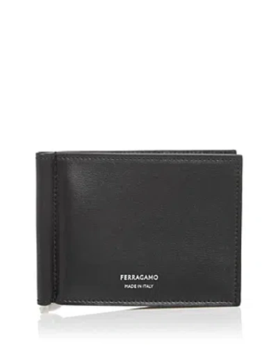Ferragamo Leather Money Clip Bifold Wallet In Nero.