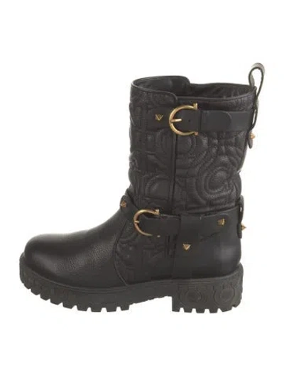 Pre-owned Ferragamo Leather Patterned Moto Boots In Black