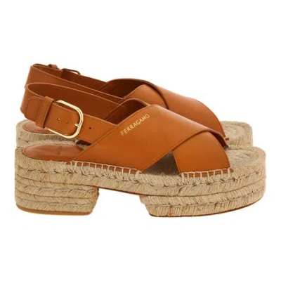 Ferragamo Leather Platform Espadrille Sandals In Brown