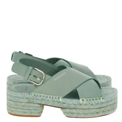 Ferragamo Leather Platform Espadrille Sandals In Green