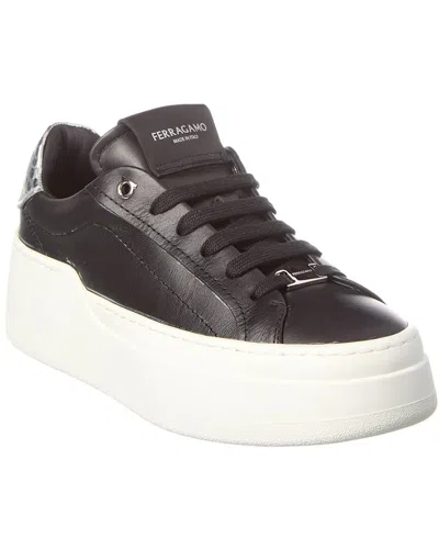 Ferragamo Logo-patch Leather Sneakers In Black