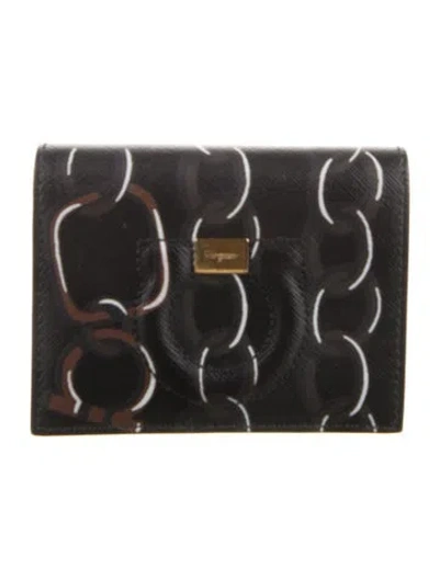 Pre-owned Ferragamo Leather Printed Compact Wallet In Black