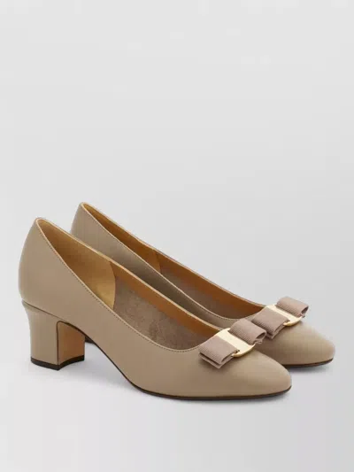 Ferragamo Leather Pumps Almond Toe Block Heel Bow In Multi