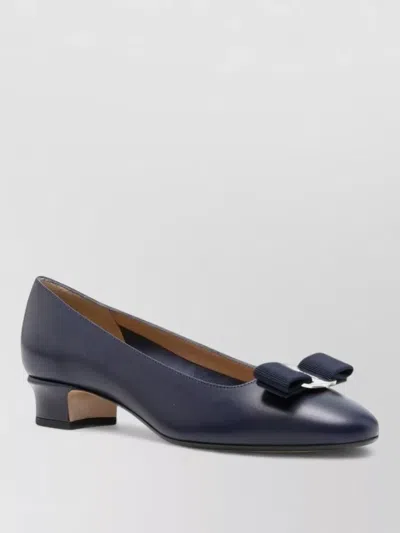 Ferragamo Leather Pumps Round Toe Bow Detail In Blue
