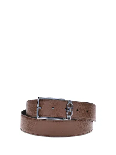 Ferragamo Brown Reversible Belt With Gancini Buckle In Leather Man In Gold