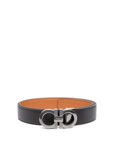 Ferragamo Leather Reversible Gancini Belt In Negro
