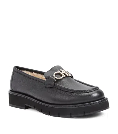 Ferragamo Leather Shearling Rolo Lug Loafer In Black