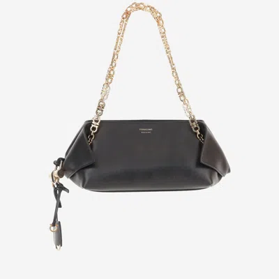Ferragamo Brown Shoulder Bag With Logo Strap And Logo Lettering On The Front In Leather Woman In Black