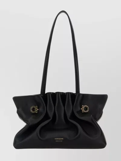 Ferragamo Leather Shoulder Bag Ruched Design In Black