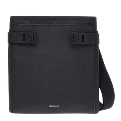 Ferragamo Leather Shoulder Bag With Gancini Buckles In Black
